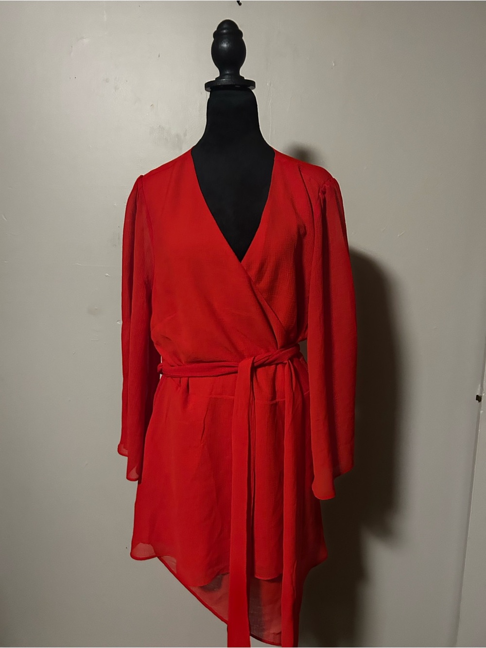 Red Wrap Dress with Long Sheer Sleeves